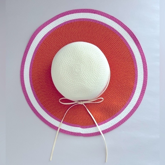 Multicolored straw woven floppy round Hat stripes tie pink orange white NWOT - Picture 2 of 6